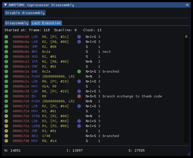 ARM7 disassembly window